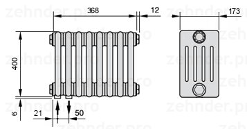 Схема (чертеж) Радиатор Zehnder Charleston 5040/8 №3370 Белый глянцевый RAL 9016
